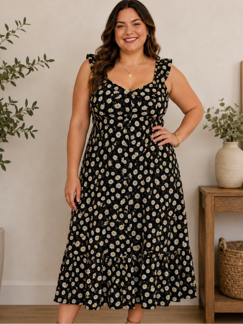 Derek Heart Black Daisy Midi Dress with Ruffle Straps
